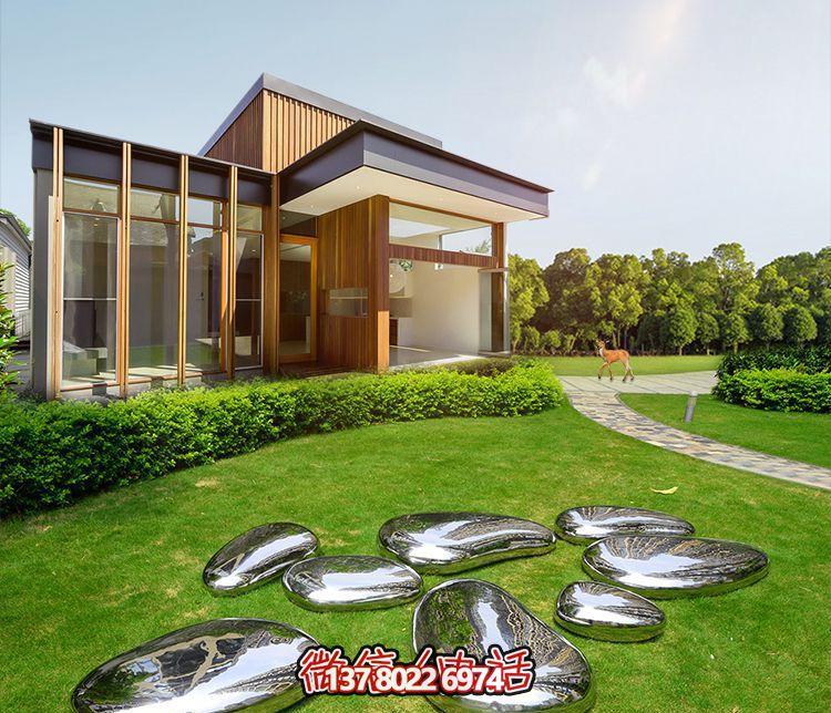 高端室內(nèi)草坪裝飾，不銹鋼雕塑鏡面石頭安放