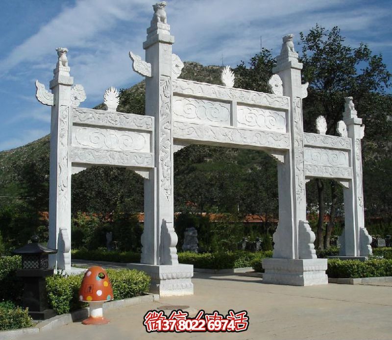 精致園林景觀，漢白玉華表浮雕祥云門樓石牌坊