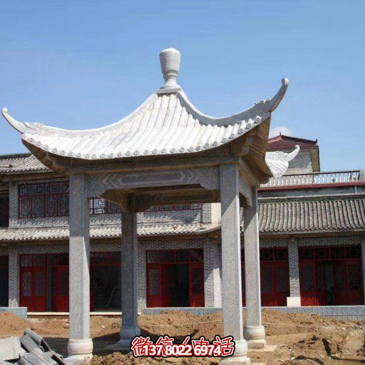 古雅紅晚霞，別墅園林石涼亭石雕長廊