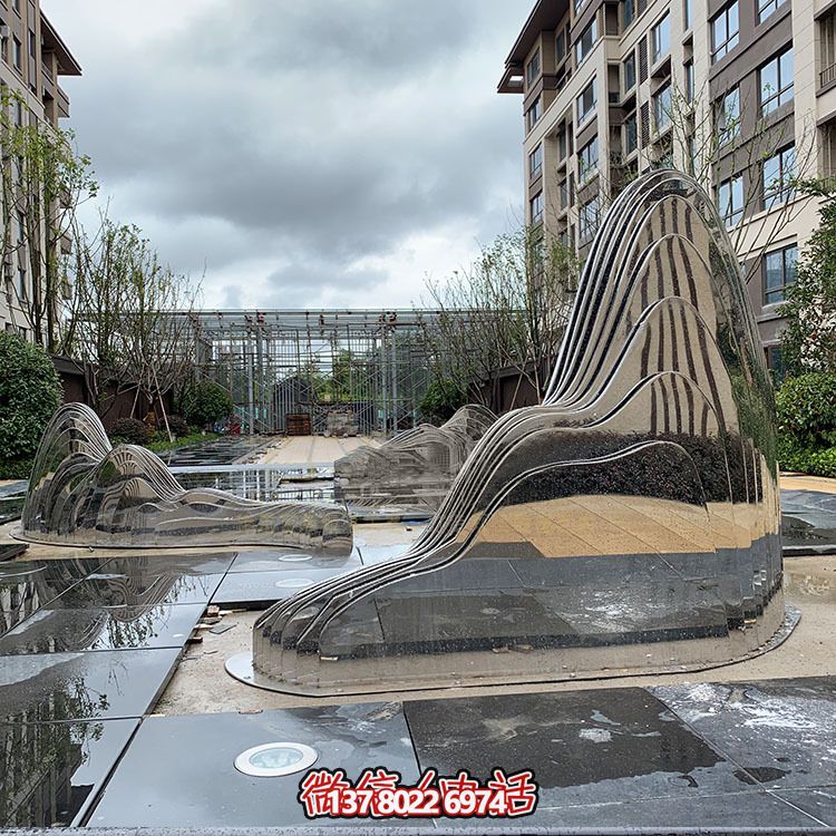 假山雕塑+不銹鋼噴泉，完美結(jié)合抽象鏡面美學(xué)
