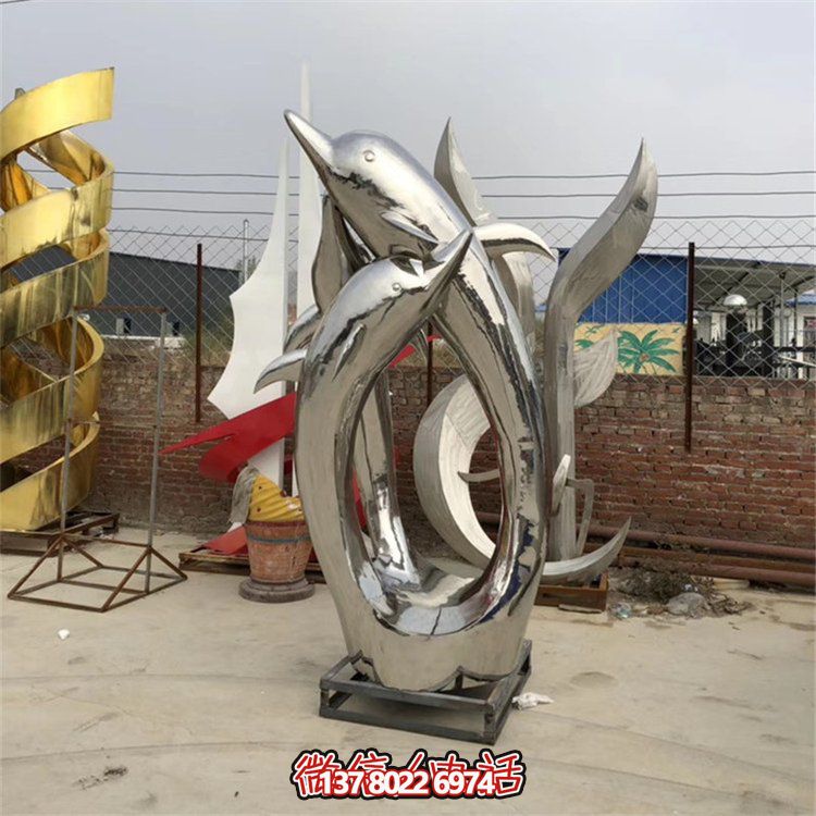 精美不銹鋼海豚雕塑，為您的戶外廣場增添水景鏡面美感