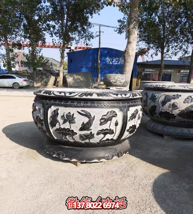 古典仿古石雕魚缸，添點家園庭院荷花水景