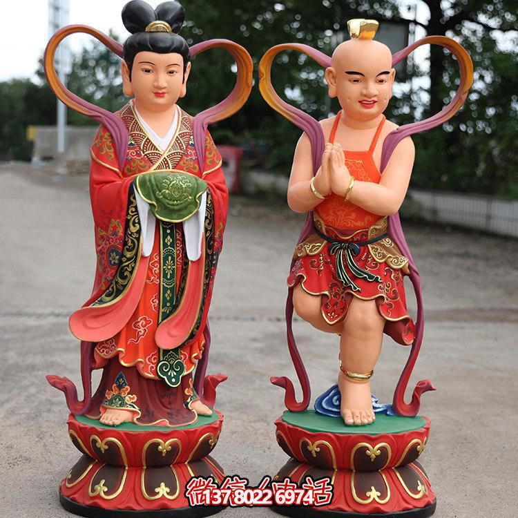 供奉觀音善財(cái)童子金童玉女玻璃鋼雕像擺件