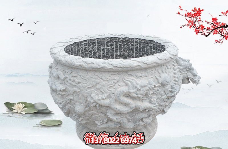 漢白玉石雕龍浮雕水缸雕塑，為庭院增添優(yōu)雅氣息