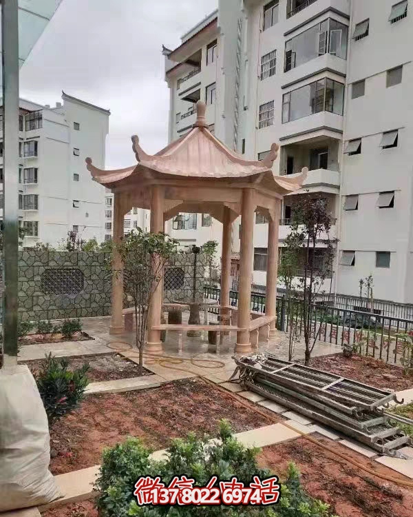 晚霞色石雕大理石涼亭，點(diǎn)綴園林美景