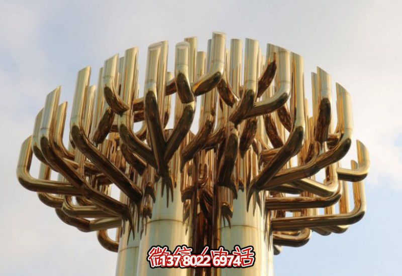 不銹鋼大樹雕塑，金色噴涂