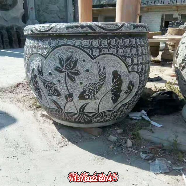 青石雙魚(yú)蓮花雕塑，養(yǎng)花缸精美裝飾