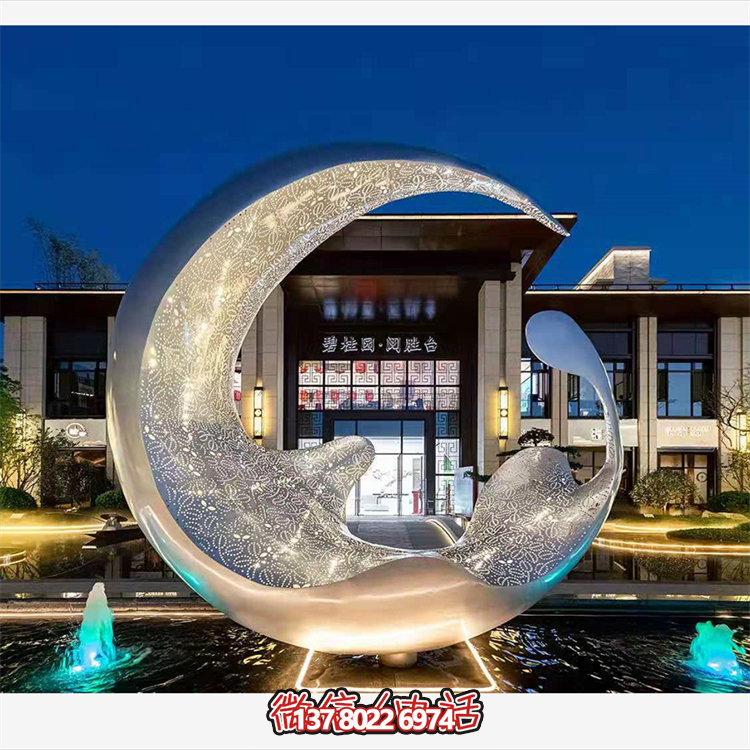 不銹鋼月亮水滴雕塑，透光水景裝飾雕塑