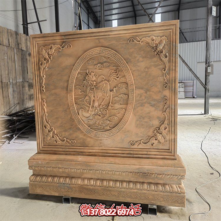 晚霞紅浮雕麒麟鎮(zhèn)宅招財庭院玄關擺放背景墻