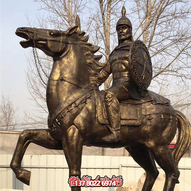 西方古代的騎馬士兵銅雕，手持盾牌騎馬身上的西方戰(zhàn)士