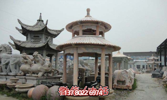 涼亭雕塑-仿古建圓頂雙層景區(qū)擺放涼亭花崗巖石雕